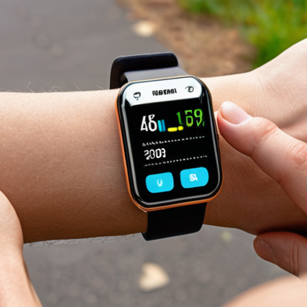 **
A person wearing a smartwatch while exercising outdoors, showcasing real-time health data (heart rate, steps) displayed on the watch face. A health coach figure is subtly incorporated in the background, offering guidance via a smartphone app interface. Emphasize the connection between wearable tech, data-driven insights, and personalized coaching.
**