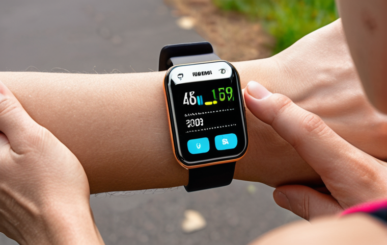 **

A person wearing a smartwatch while exercising outdoors, showcasing real-time health data (heart rate, steps) displayed on the watch face. A health coach figure is subtly incorporated in the background, offering guidance via a smartphone app interface. Emphasize the connection between wearable tech, data-driven insights, and personalized coaching.

**