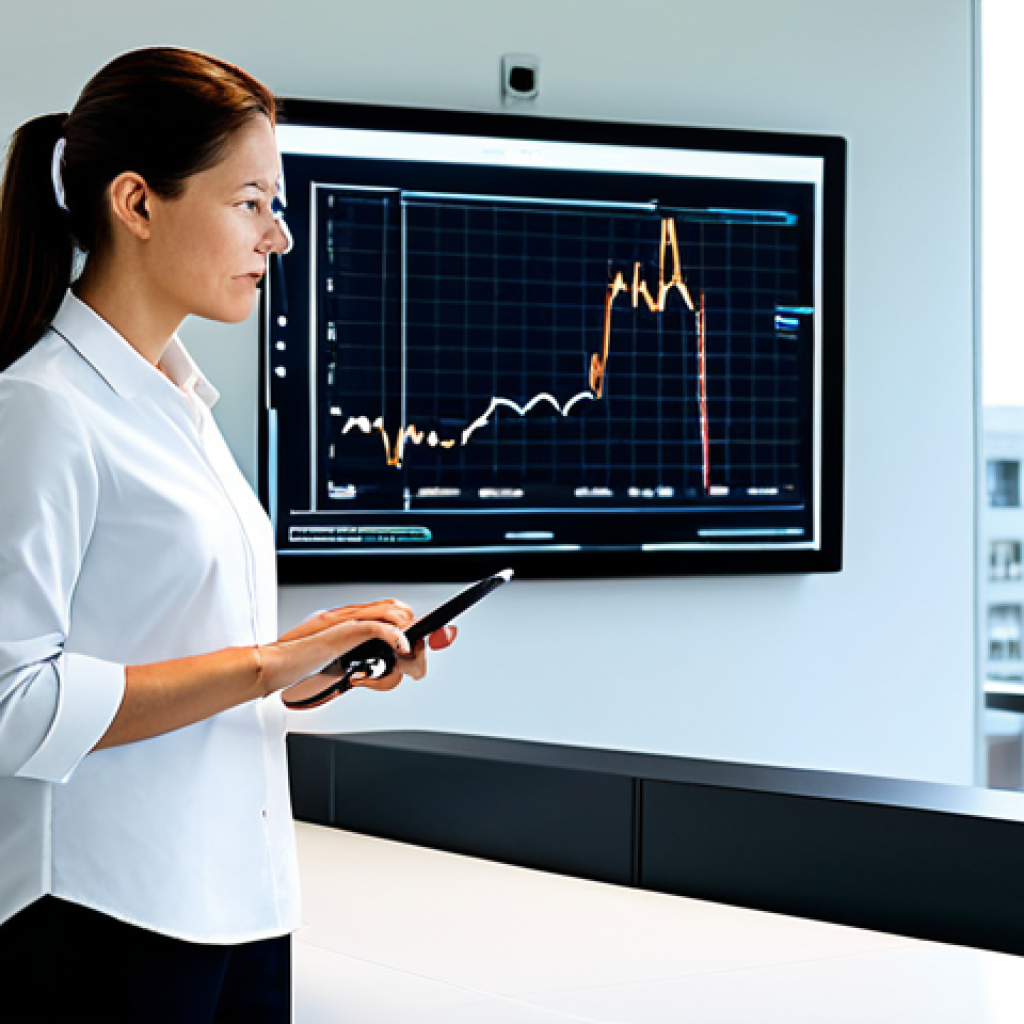 A professional female health coach, wearing a modest business casual outfit, stands in a brightly lit, modern health management center. She is thoughtfully reviewing data on a large transparent digital screen, which displays charts and personalized health metrics. A tablet with a wearable device rests on a clean, minimalist desk beside her. The atmosphere is professional and innovative, emphasizing technology integration in health management. safe for work, appropriate content, fully clothed, professional, perfect anatomy, correct proportions, natural pose, well-formed hands, proper finger count, natural body proportions, high quality, professional photography.