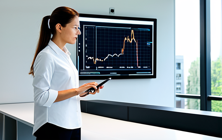 A professional female health coach, wearing a modest business casual outfit, stands in a brightly lit, modern health management center. She is thoughtfully reviewing data on a large transparent digital screen, which displays charts and personalized health metrics. A tablet with a wearable device rests on a clean, minimalist desk beside her. The atmosphere is professional and innovative, emphasizing technology integration in health management. safe for work, appropriate content, fully clothed, professional, perfect anatomy, correct proportions, natural pose, well-formed hands, proper finger count, natural body proportions, high quality, professional photography.