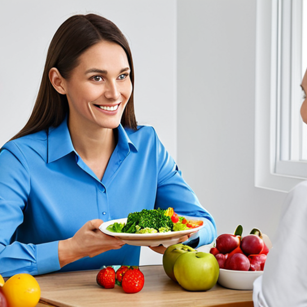 **
"A friendly nutritionist in a modern office setting, advising a fully clothed woman on a balanced meal plan, showcasing fruits, vegetables, and lean protein. Safe for work, appropriate content, professional consultation, perfect anatomy, natural proportions, well-lit photography, family-friendly."
**