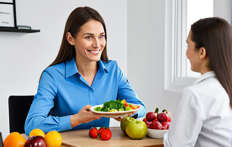 **

"A friendly nutritionist in a modern office setting, advising a fully clothed woman on a balanced meal plan, showcasing fruits, vegetables, and lean protein. Safe for work, appropriate content, professional consultation, perfect anatomy, natural proportions, well-lit photography, family-friendly."

**