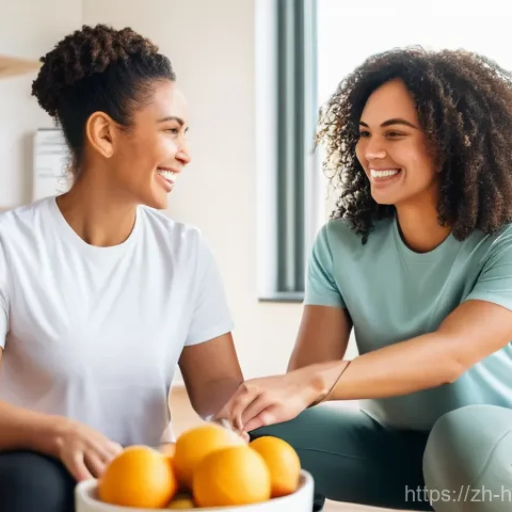 건강코칭 자격증 종류와 비교 - A warm, inviting image of a diverse female health coach and her female client, both dressed in comfo...