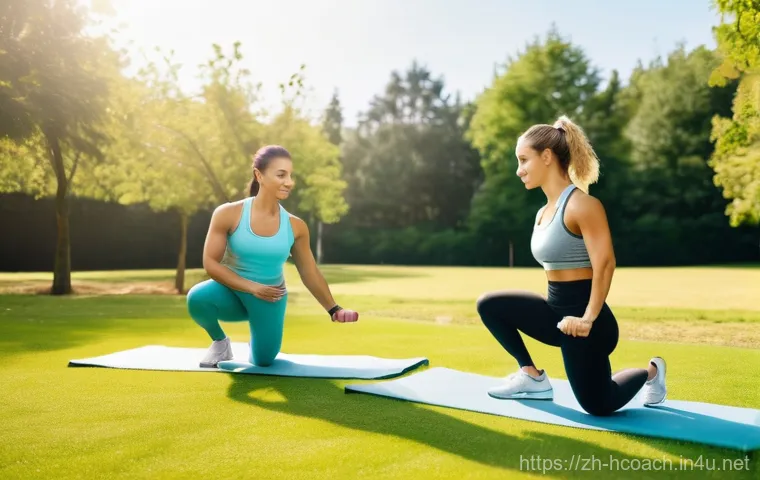 건강코칭 자격증 종류와 비교 - A dynamic and encouraging image of a male health coach guiding his male client, both in stylish, pra...