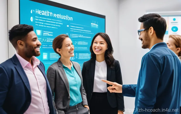 건강코칭을 위한 자료 조사법 - **Prompt:** A diverse group of adults (all fully clothed in smart casual attire) gather around a fri...